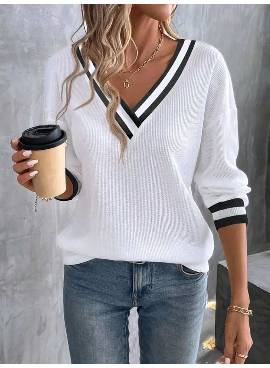 Kadın Uzun Kollu V Yakalı Waffle Bluz