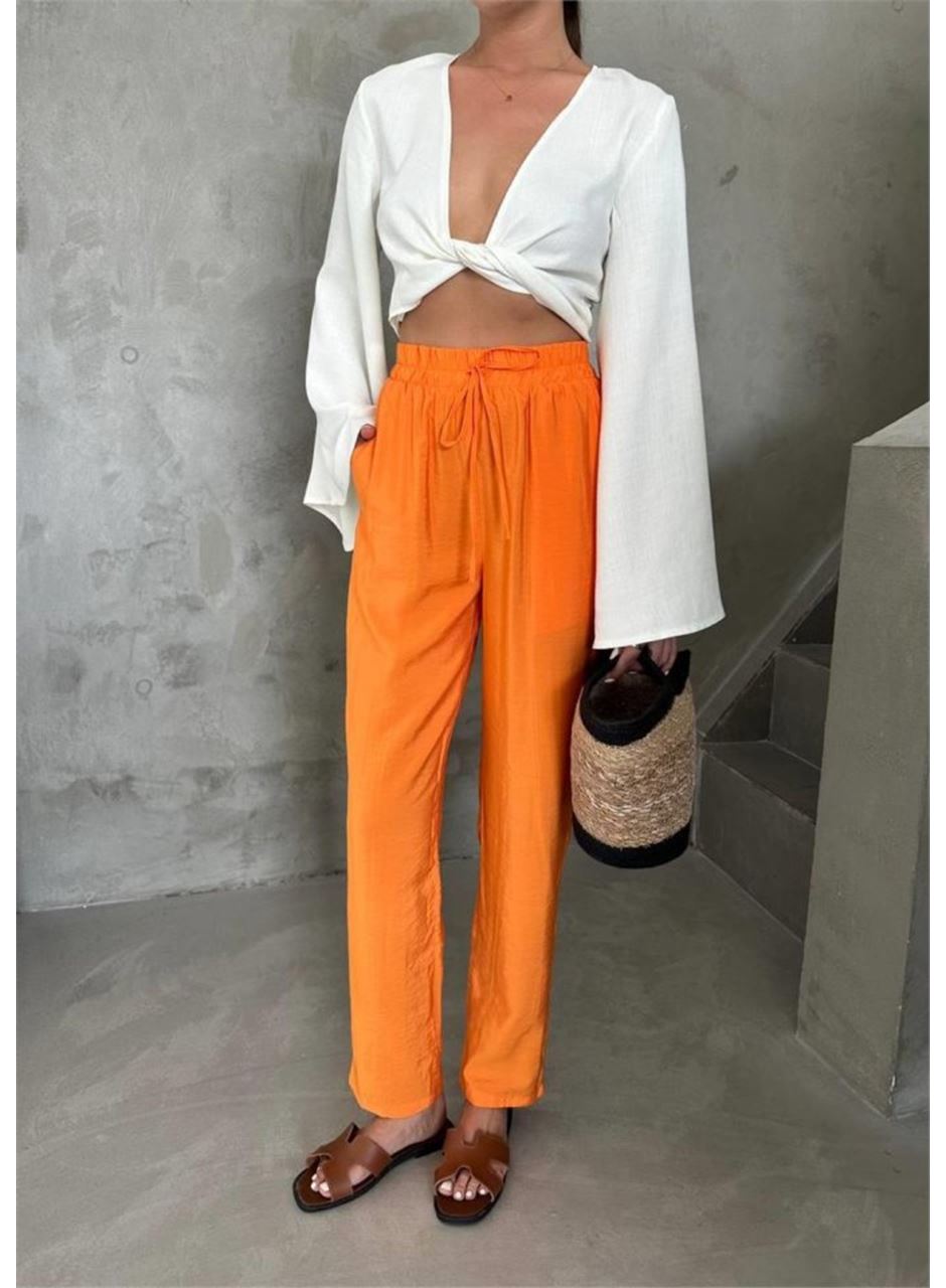 BEL LASTİK DETAYLI MODAL KUMAŞ PANTOLON - Orange