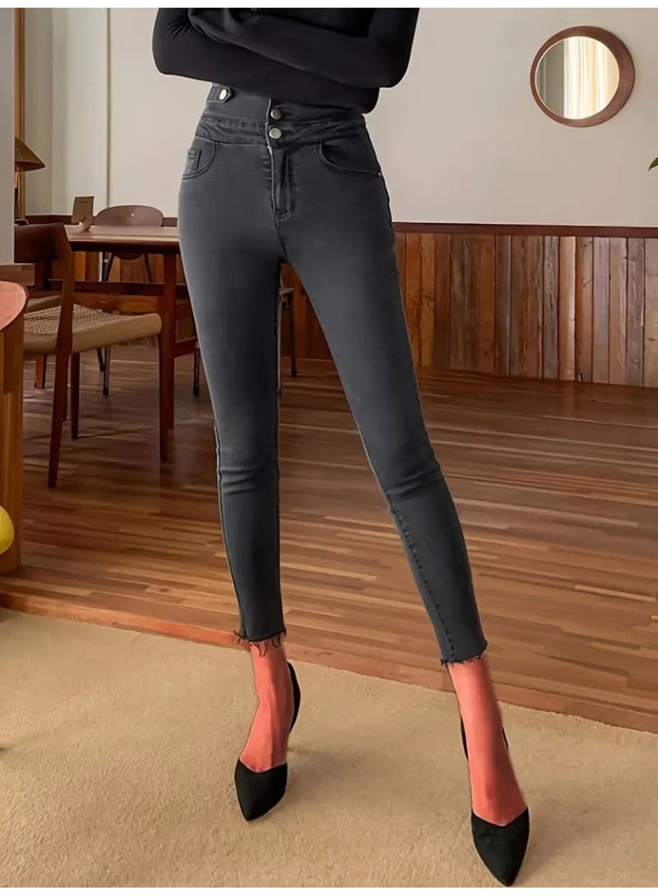 Kadın Yüksek Bel önden Düğmeli Cepli Dar Kesim Detaylı Kot Pantolon