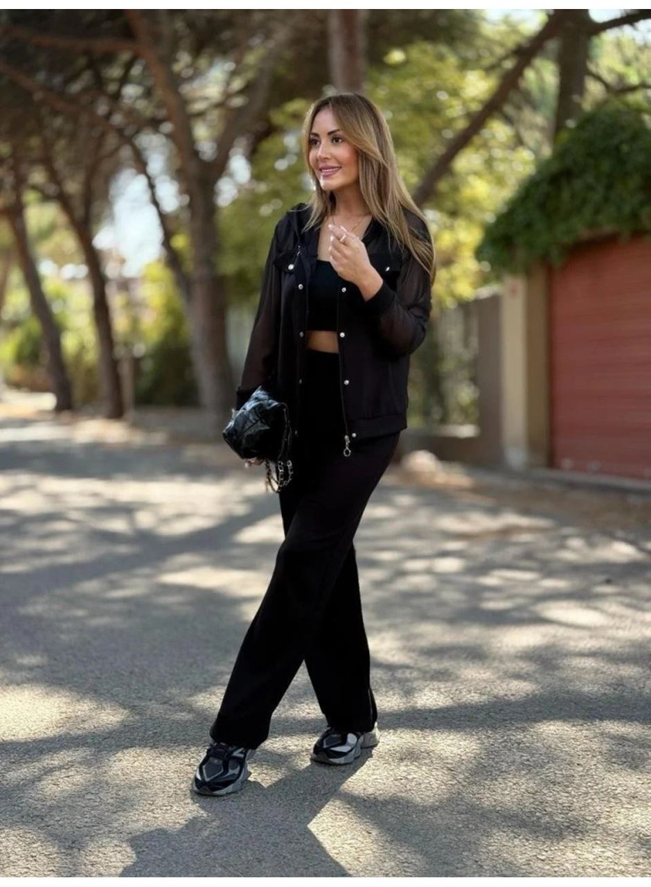 Kadın Uzun Kollu Tül Detaylı önü Düğmeli Viskon Iki Iplik Ceket Ve Pantolon Ikili Takım