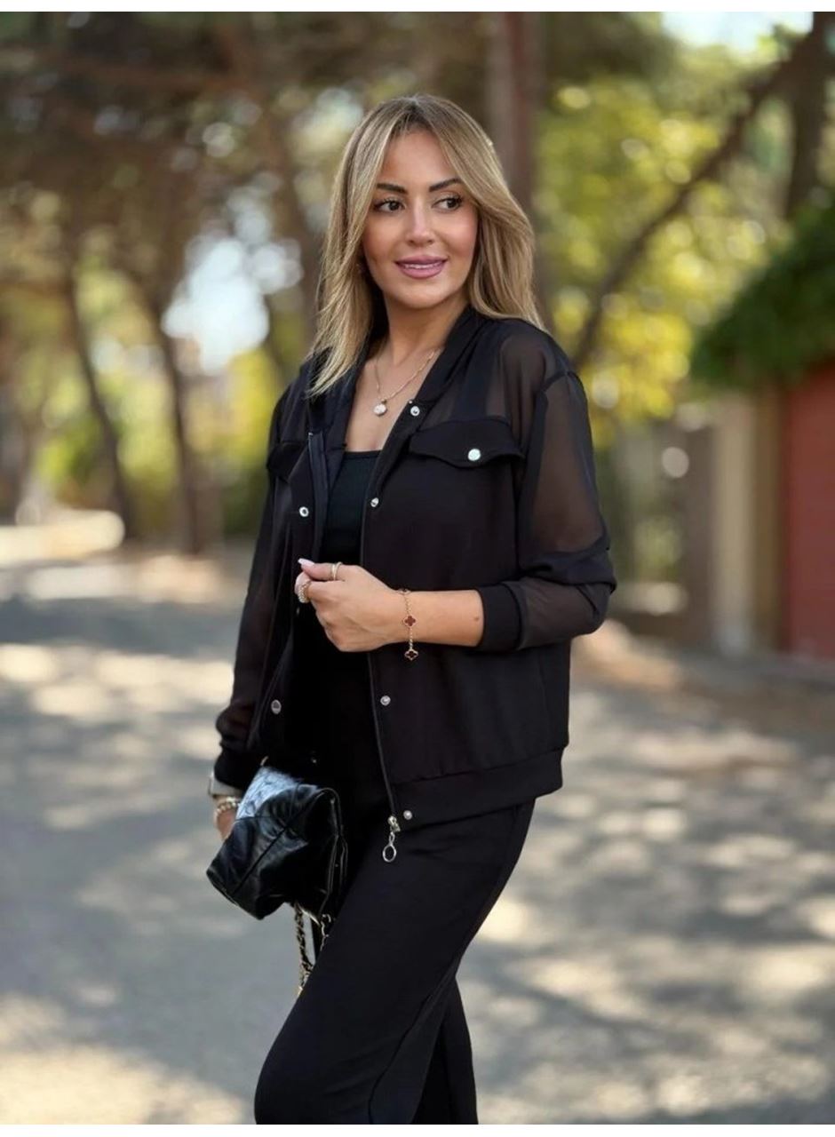 Kadın Uzun Kollu Tül Detaylı önü Düğmeli Viskon Iki Iplik Ceket Ve Pantolon Ikili Takım