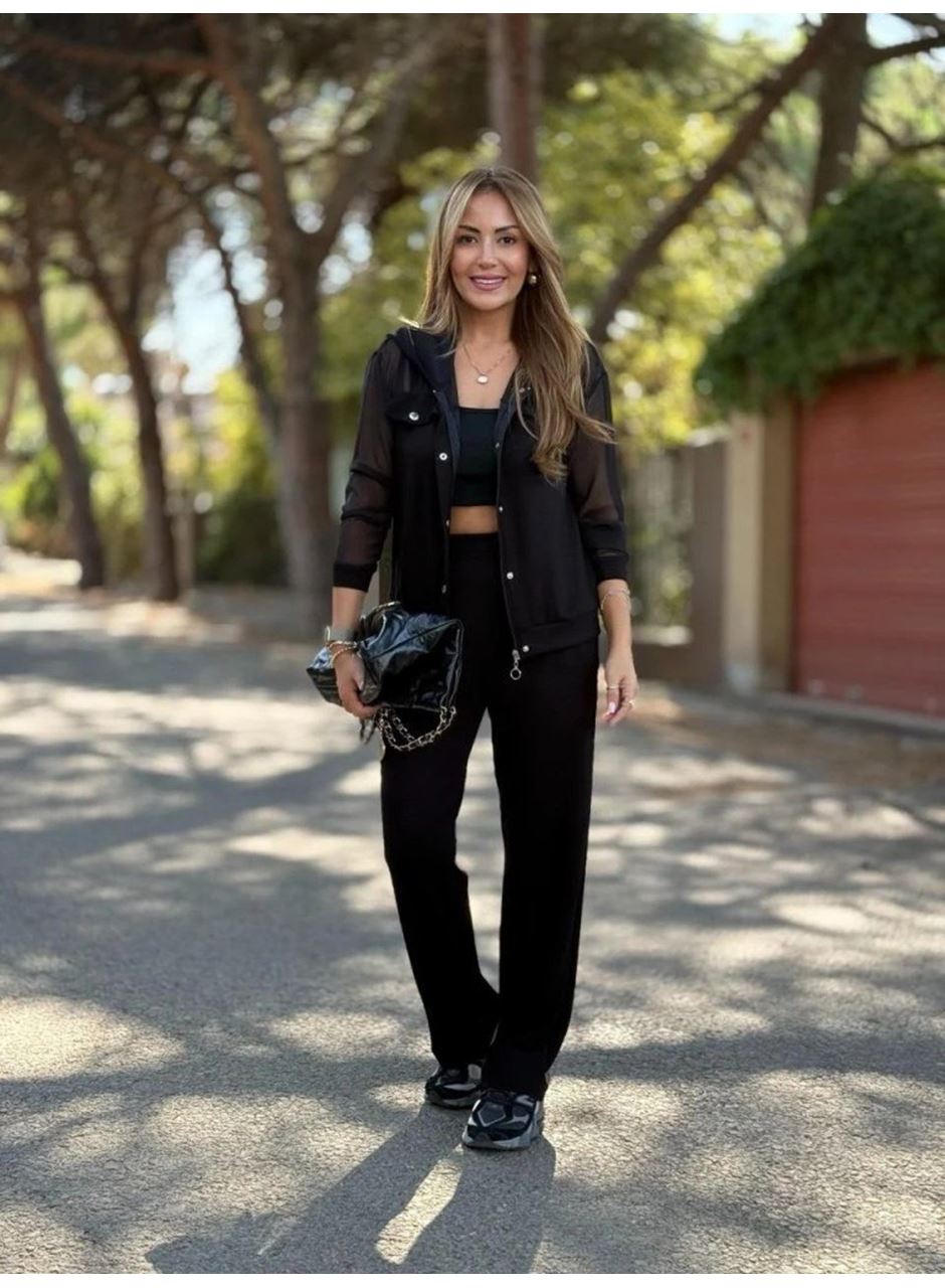 Kadın Uzun Kollu Tül Detaylı önü Düğmeli Viskon Iki Iplik Ceket Ve Pantolon Ikili Takım