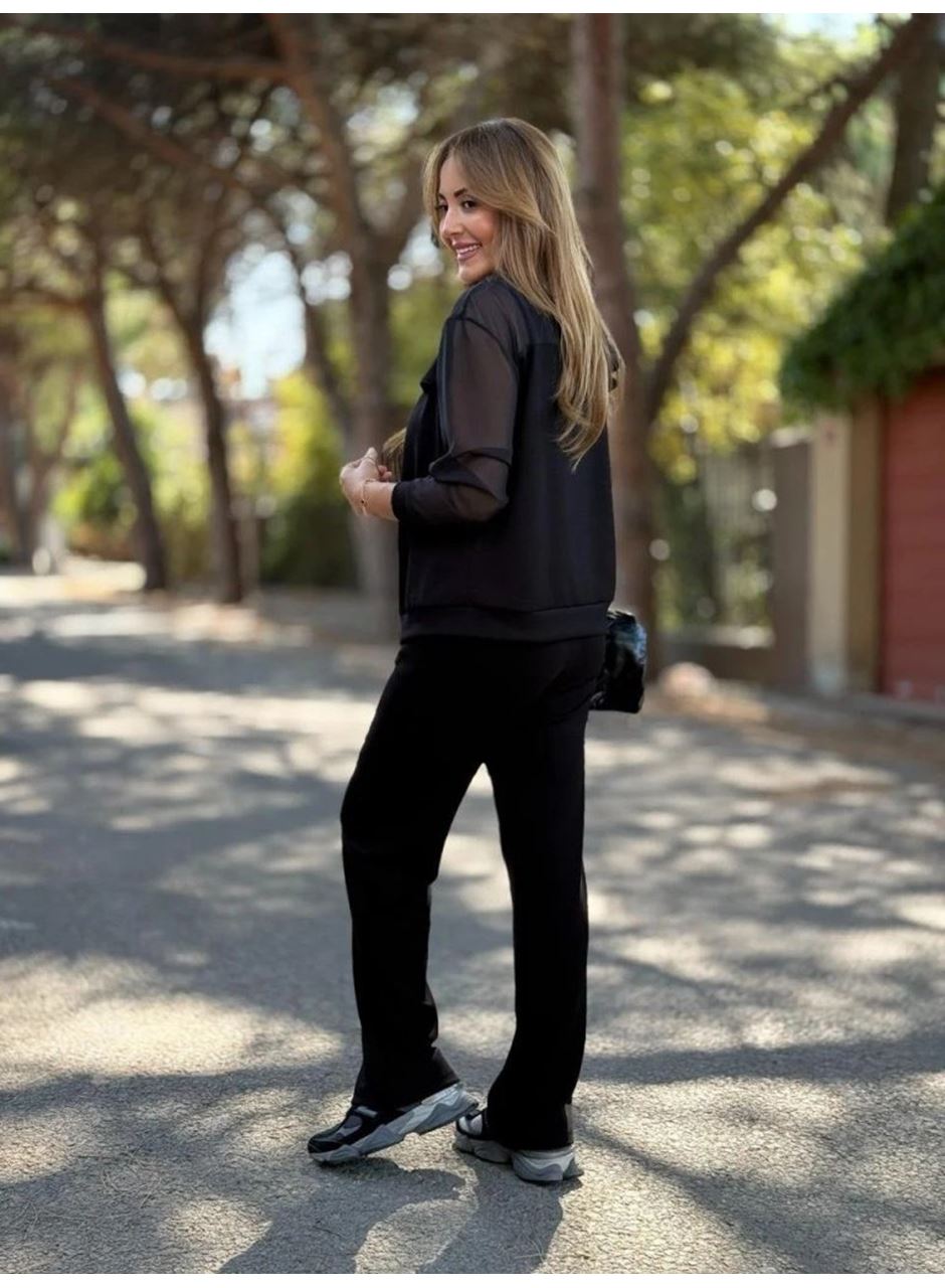 Kadın Uzun Kollu Tül Detaylı önü Düğmeli Viskon Iki Iplik Ceket Ve Pantolon Ikili Takım