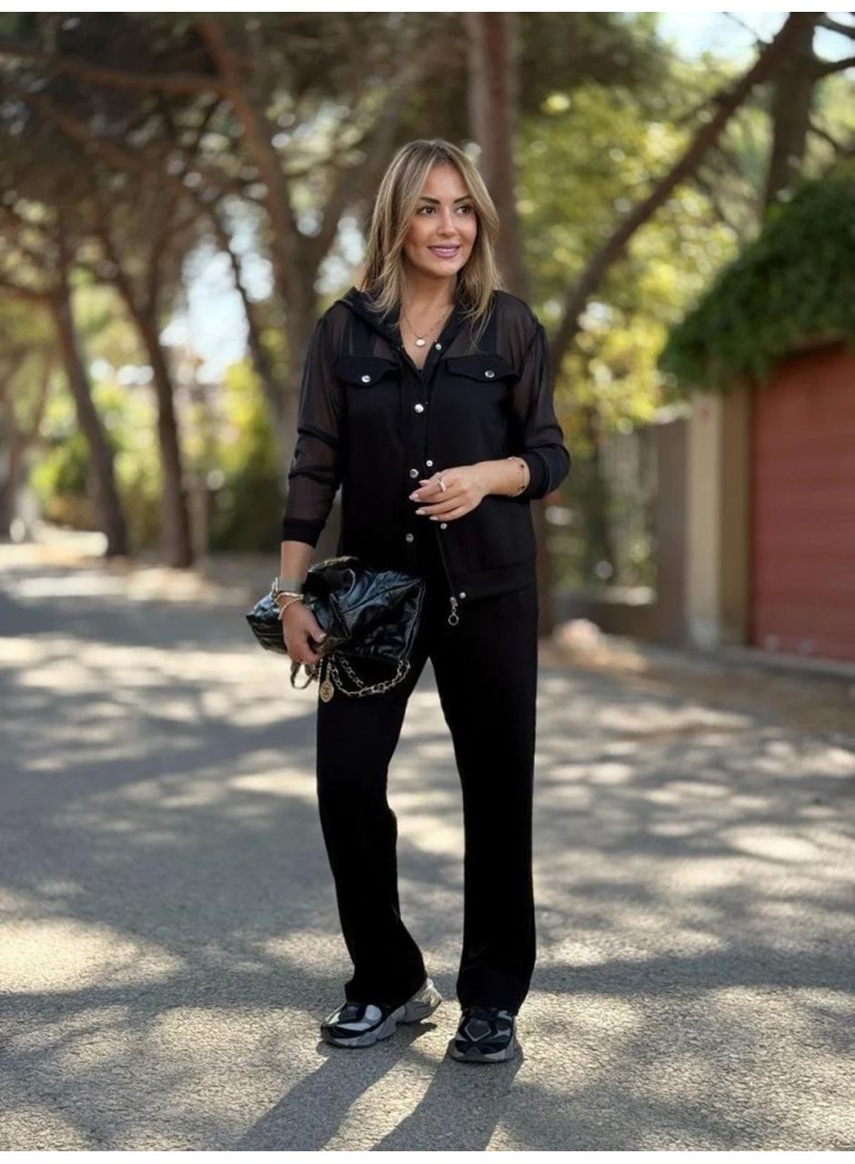 Kadın Uzun Kollu Tül Detaylı önü Düğmeli Viskon Iki Iplik Ceket Ve Pantolon Ikili Takım