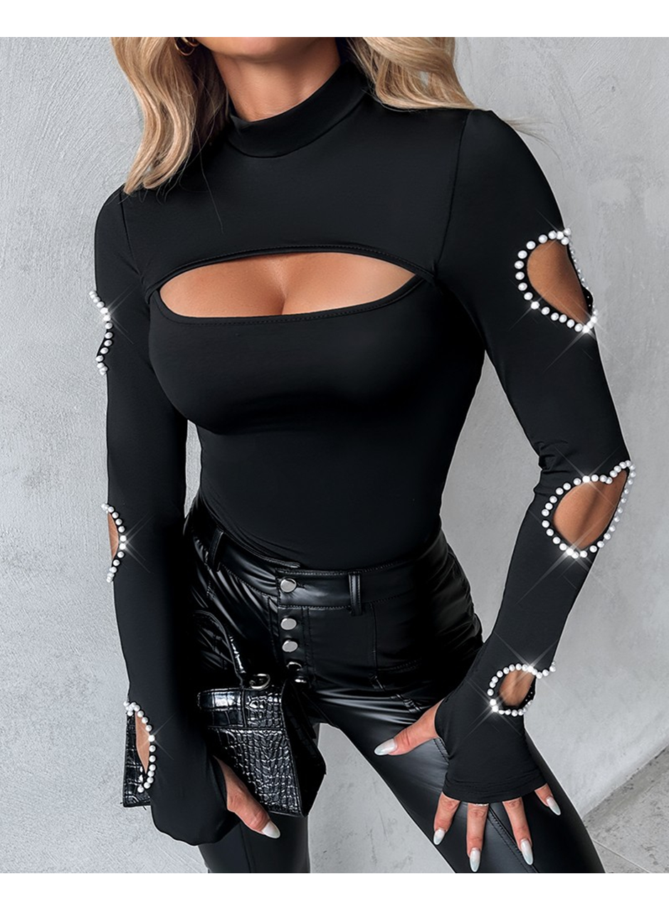 Kadın Uzun Kollu Yarı Balıkçı Yaka Pencere Detaylı Kolları Kalp Desen Taşlı Viskon Bluz