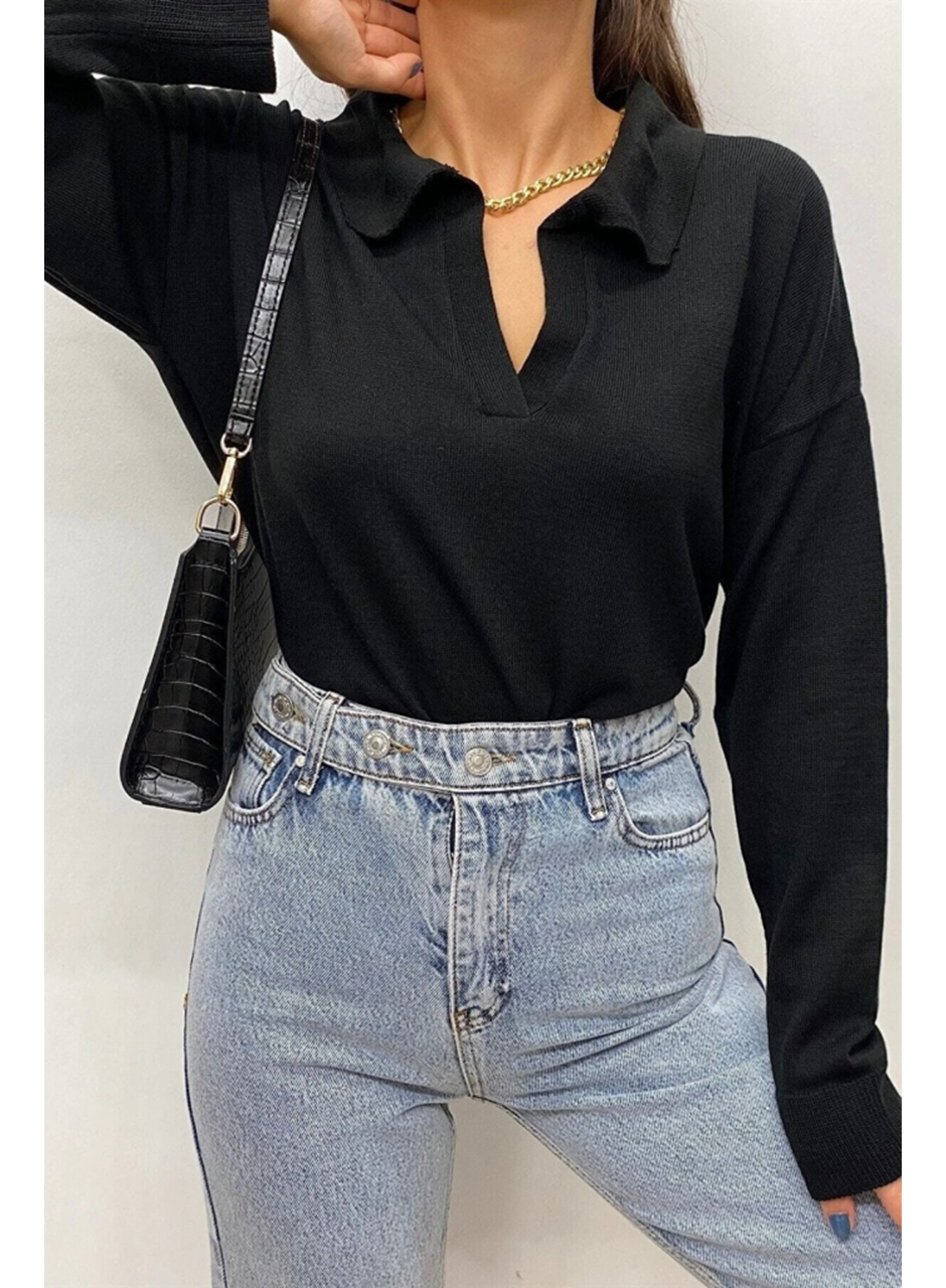 Kadın Beyaz Uzun Kollu Yakalı Triko Bluz