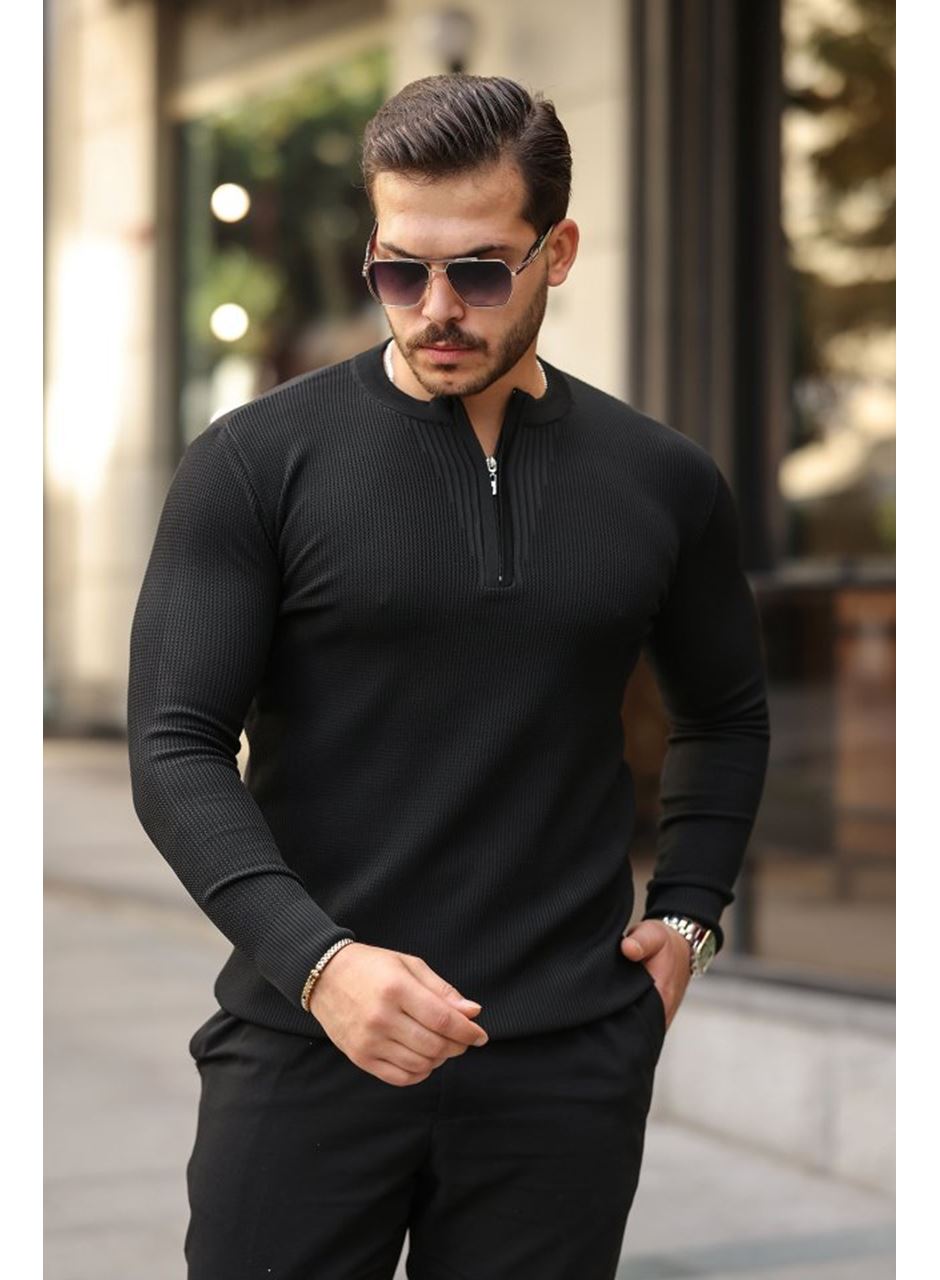 Erkek Fermuarlı Bisiklet Yaka Dokulu Uzun Kollu Triko