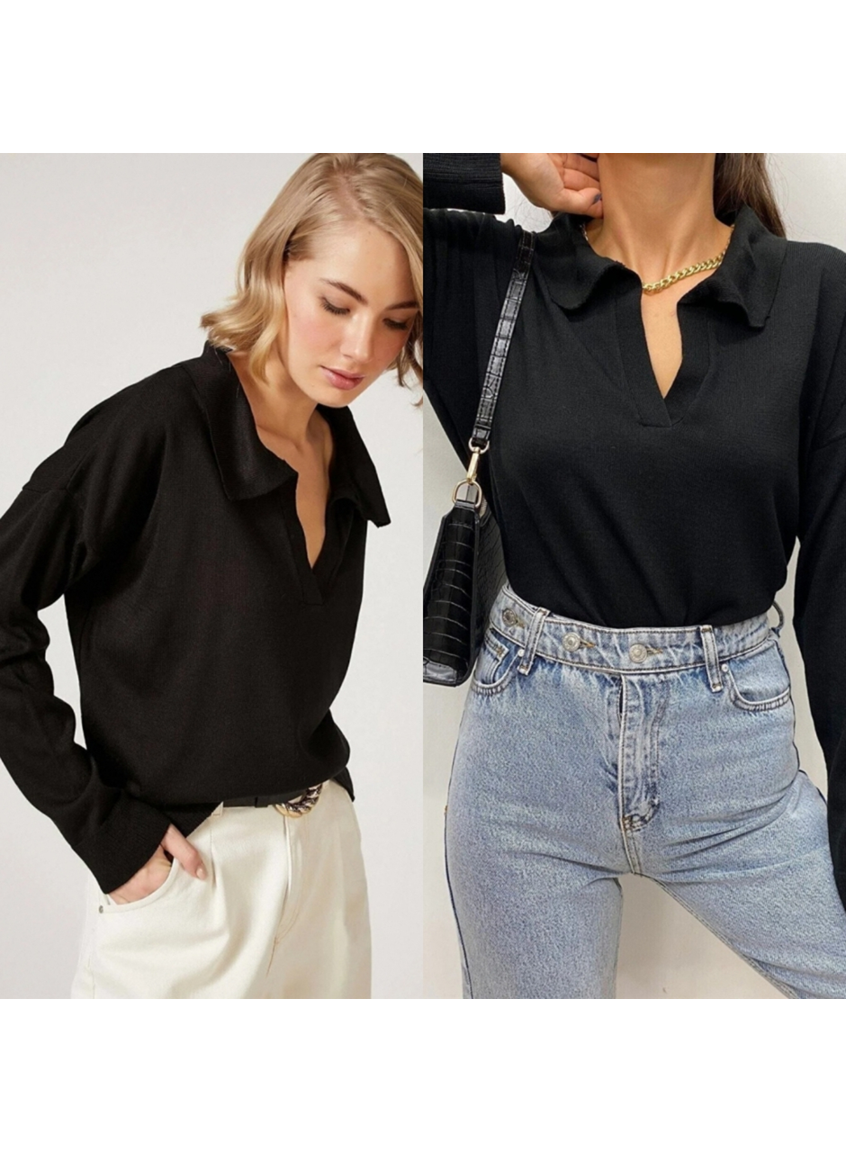 Kadın Beyaz Uzun Kollu Yakalı Triko Bluz