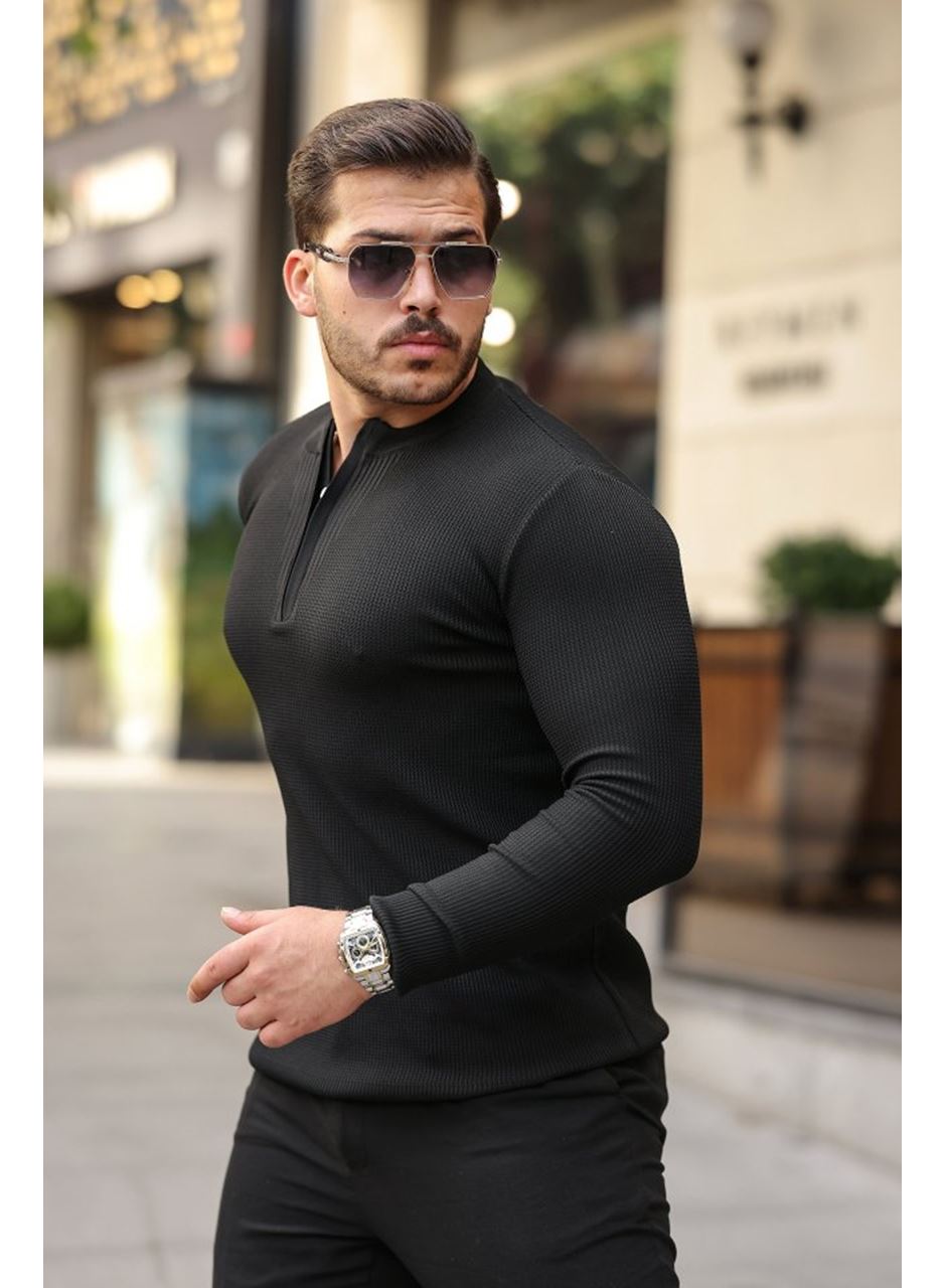Erkek Fermuarlı Bisiklet Yaka Dokulu Uzun Kollu Triko