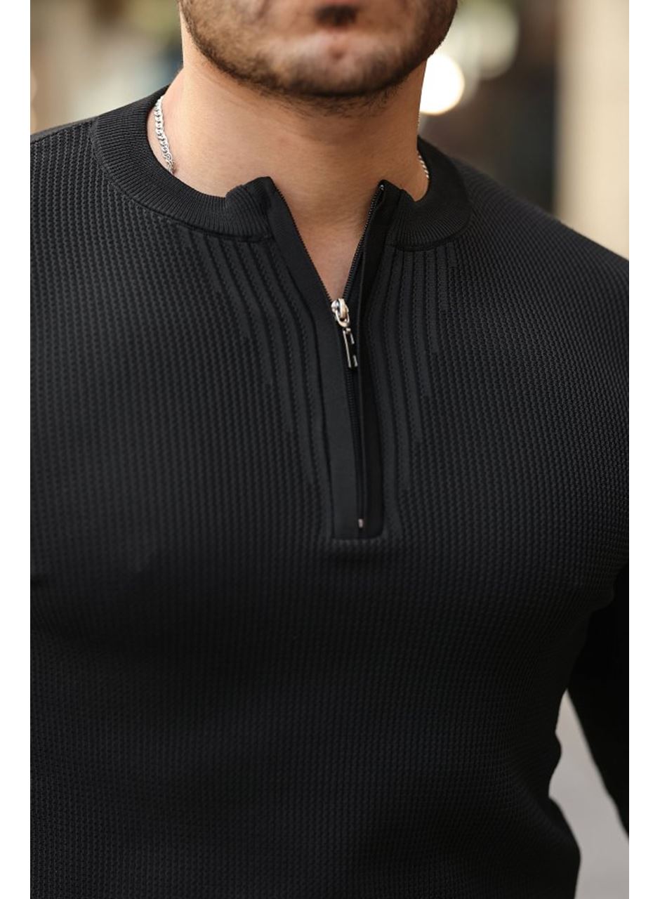 Erkek Fermuarlı Bisiklet Yaka Dokulu Uzun Kollu Triko