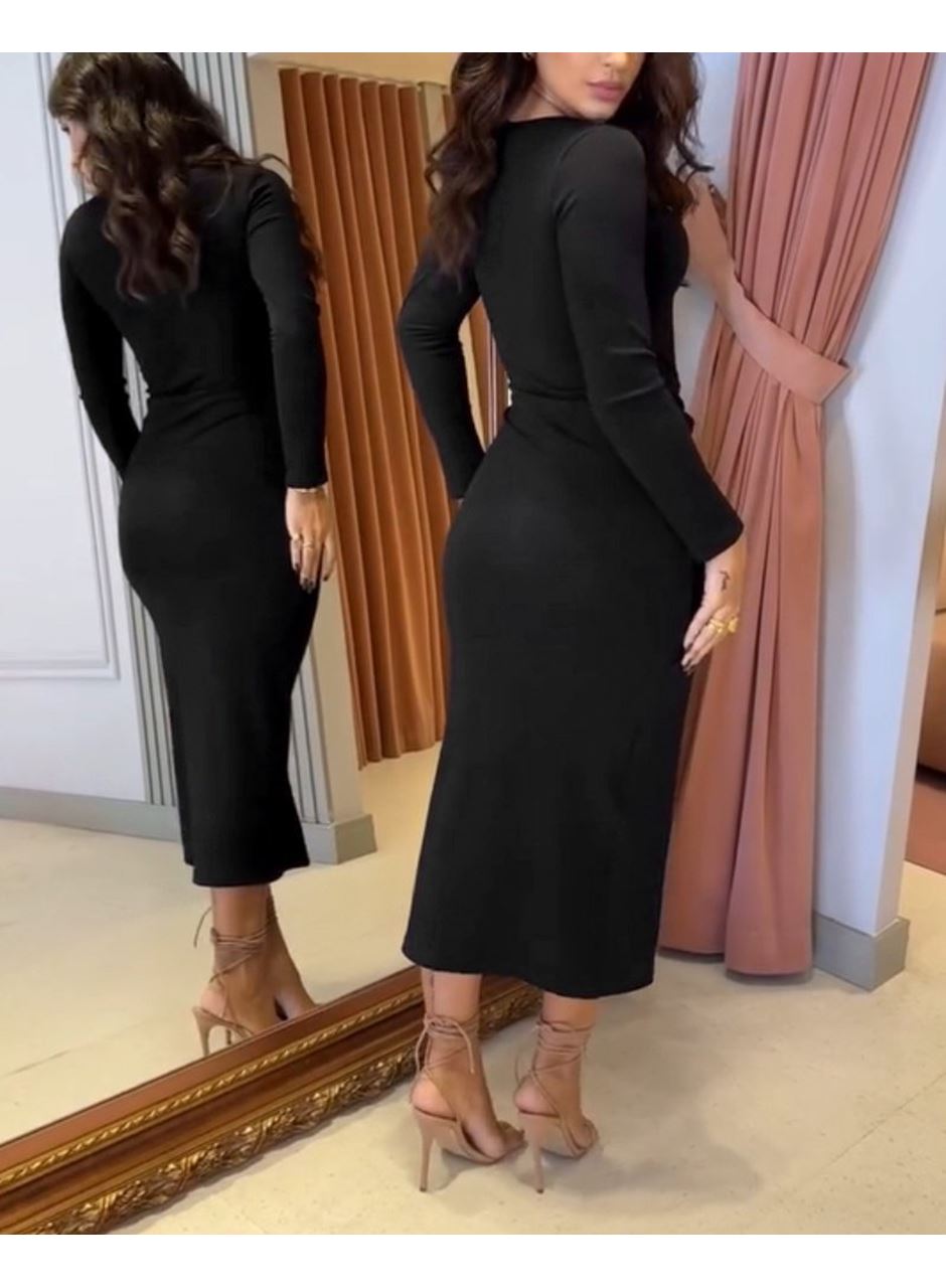 Kadın Uzun Kollu Kruvaze Yaka Yandan Toka Detaylı önden çapraz Detaylı Ottoman Elbise