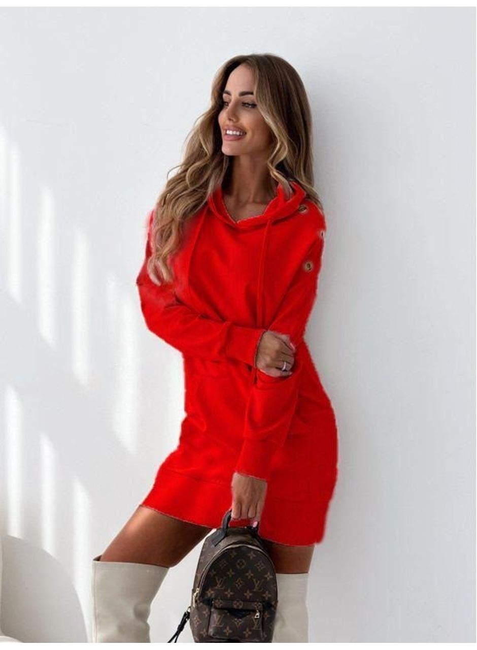 Kadın Uzun Kollu Kapüşon Detay Mini Elbise