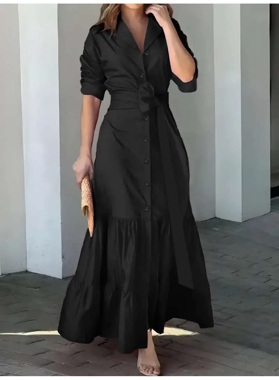 Kadın Uzun Kollu Eteği Fırfırlı Beli Kuşaklı Trikoton Tam Boy Gömlek Elbise