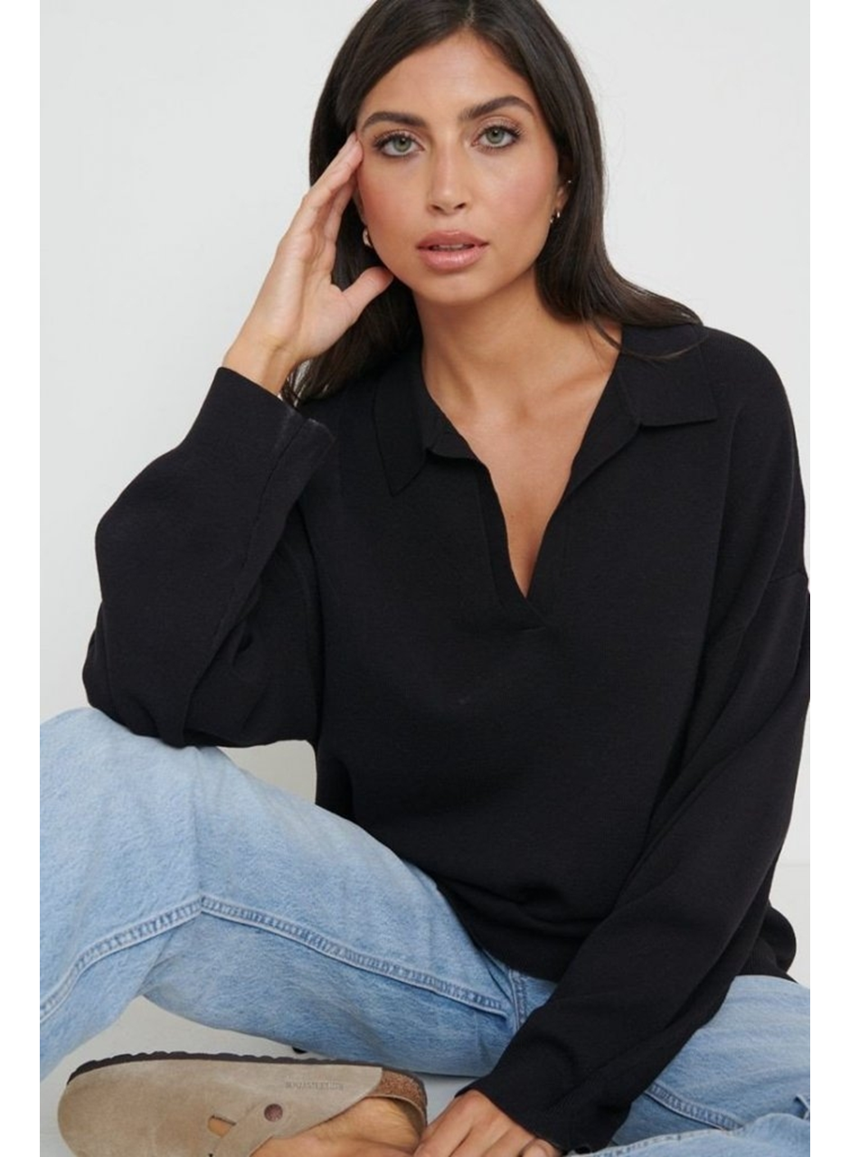 Kadın Beyaz Uzun Kollu Yakalı Triko Bluz