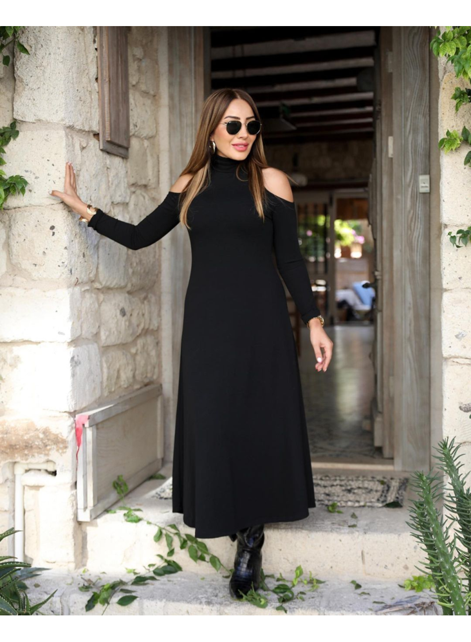 Kadın Balıkçı Yaka Omuzlardan Açık Uzun Kollu Janjan Krep Elbise