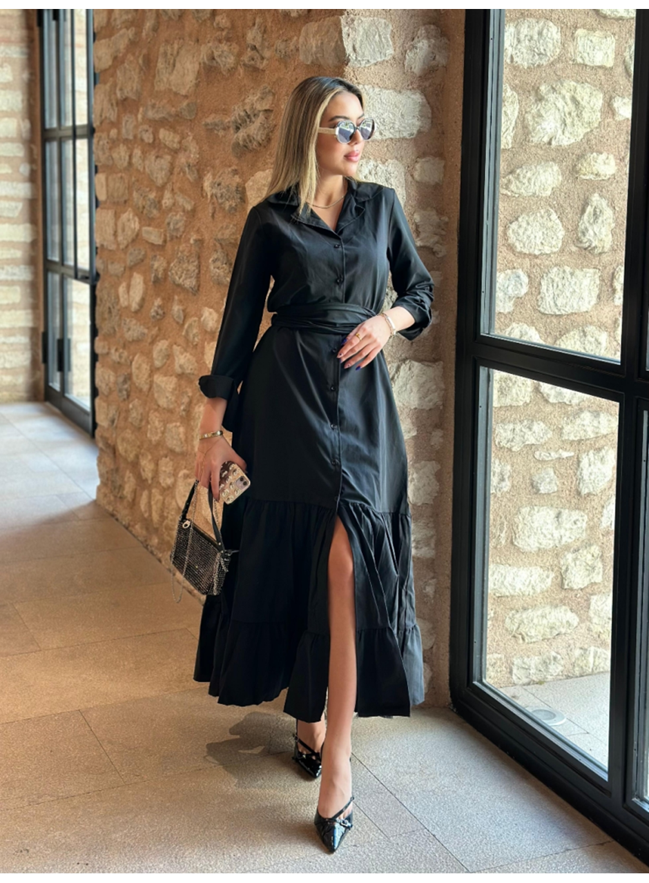 Kadın Uzun Kollu Eteği Fırfırlı Beli Kuşaklı Trikoton Tam Boy Gömlek Elbise