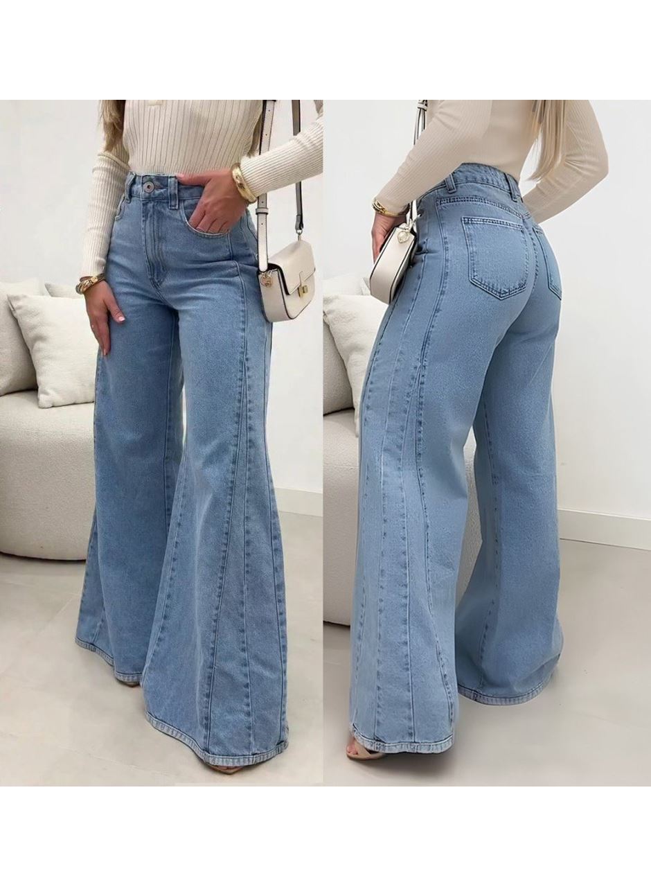 Kadın Yüksek Bel Paçaya Doğru Geniş Kesimli Kot Pantolon