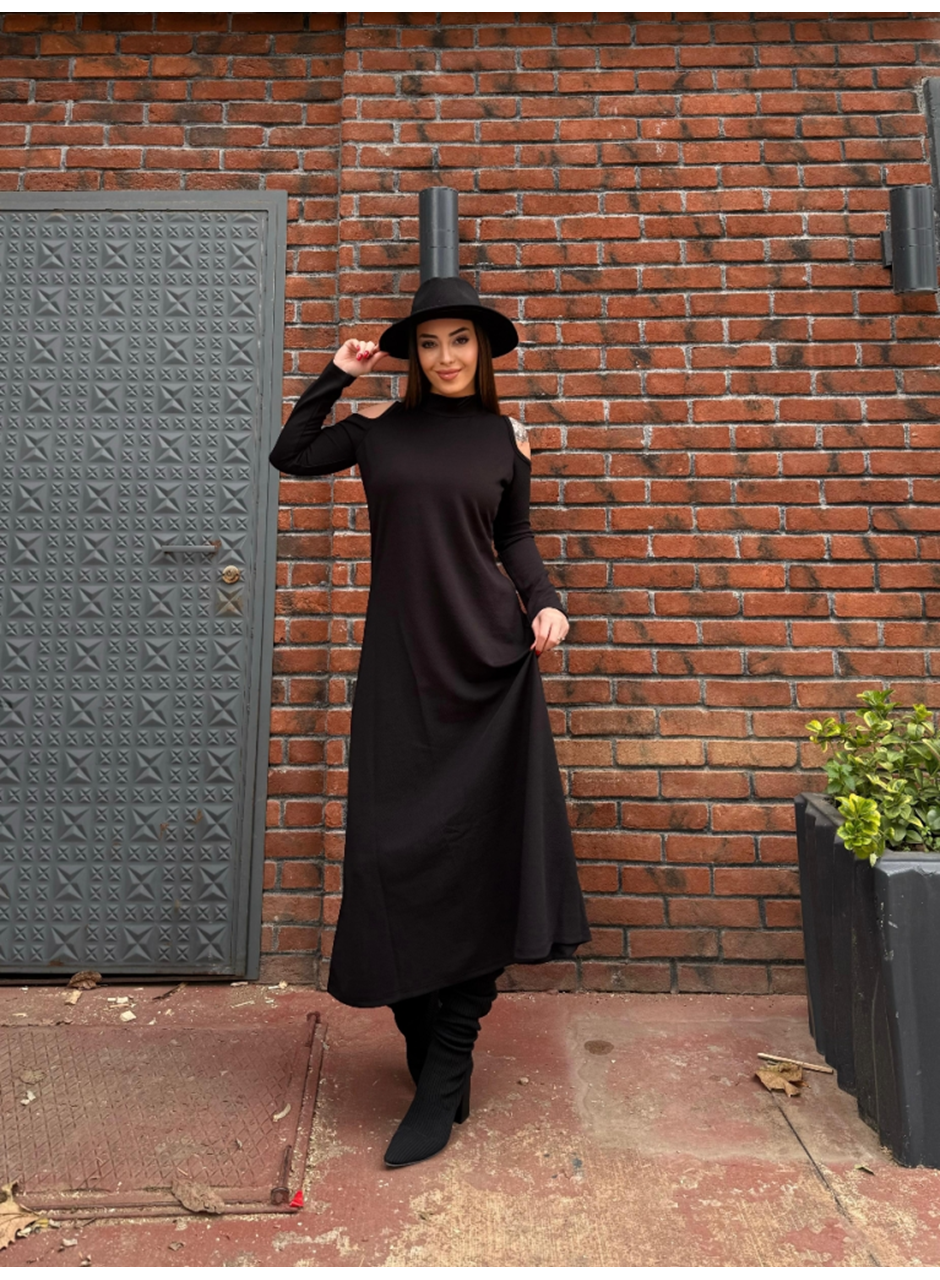 Kadın Balıkçı Yaka Omuzlardan Açık Uzun Kollu Janjan Krep Elbise