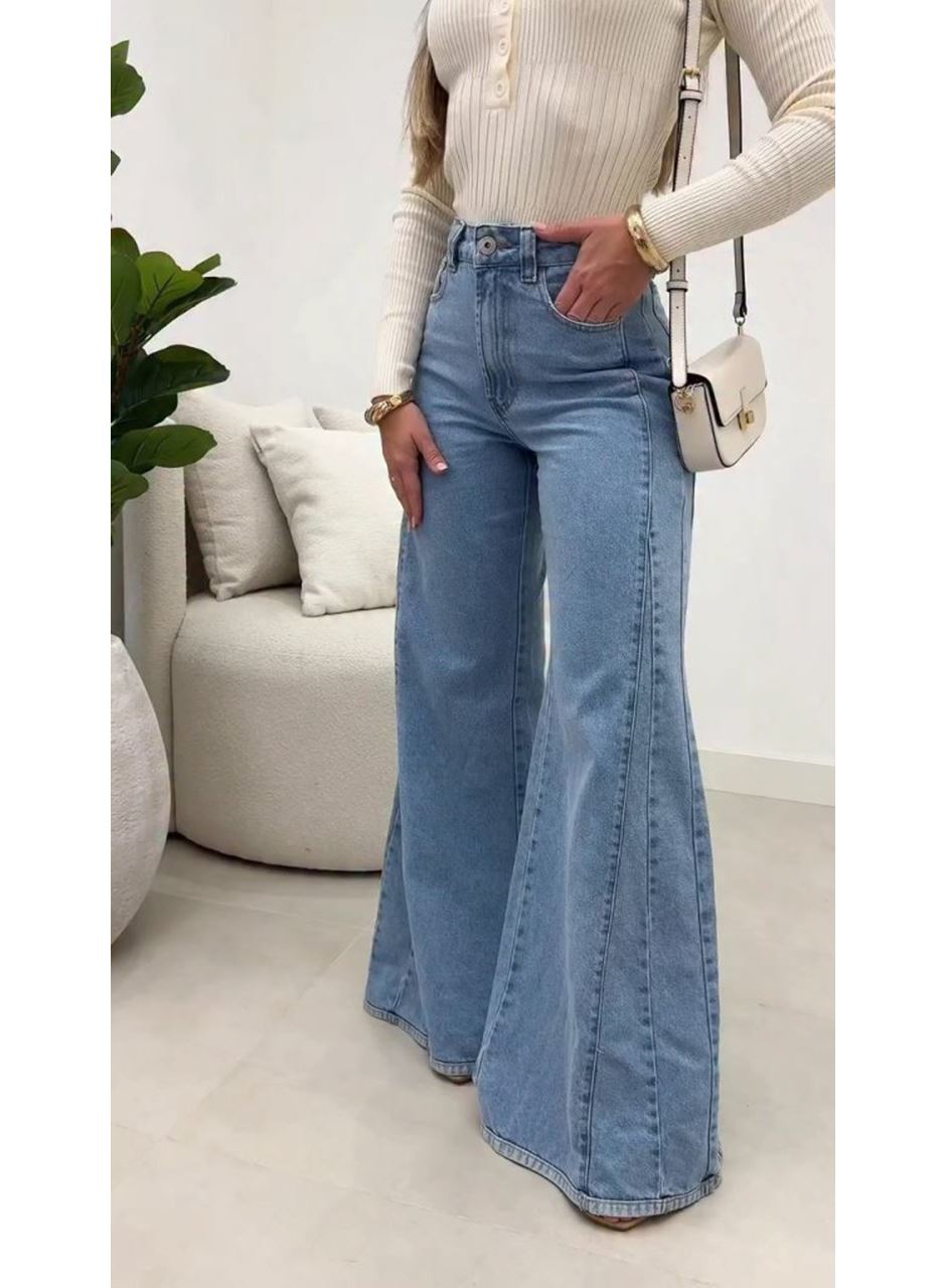 Kadın Yüksek Bel Paçaya Doğru Geniş Kesimli Kot Pantolon