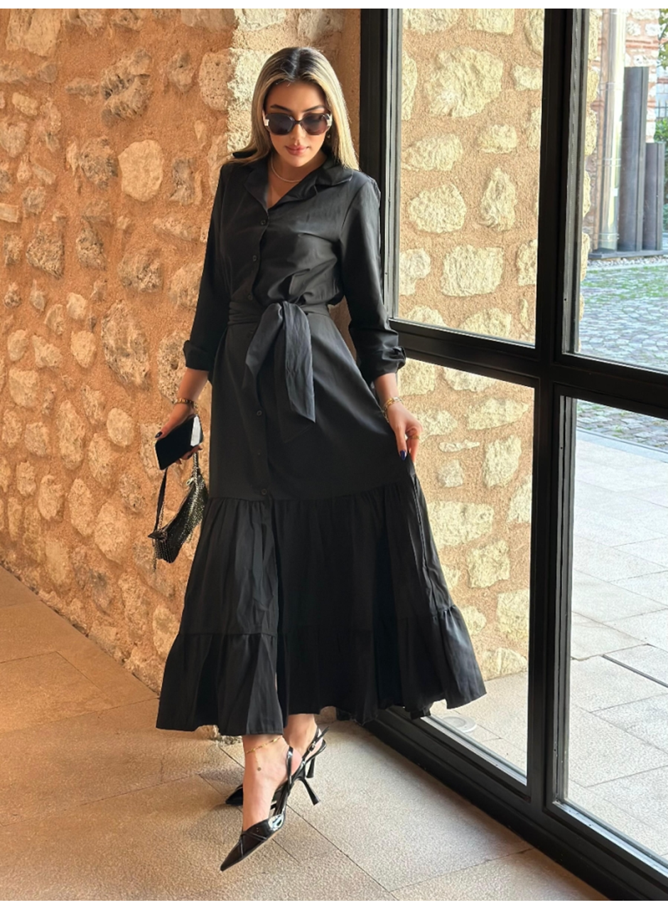 Kadın Uzun Kollu Eteği Fırfırlı Beli Kuşaklı Trikoton Tam Boy Gömlek Elbise