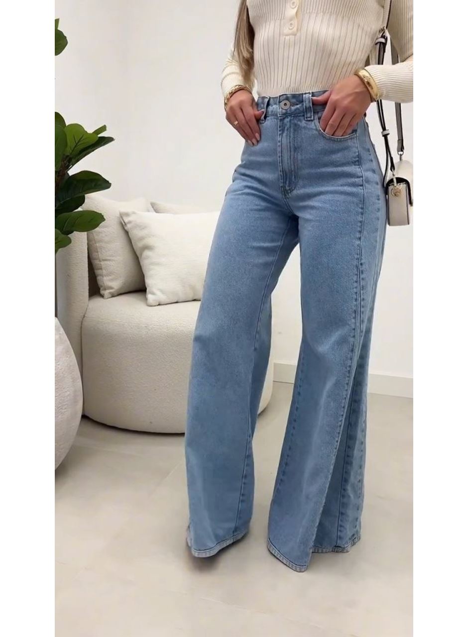 Kadın Yüksek Bel Paçaya Doğru Geniş Kesimli Kot Pantolon