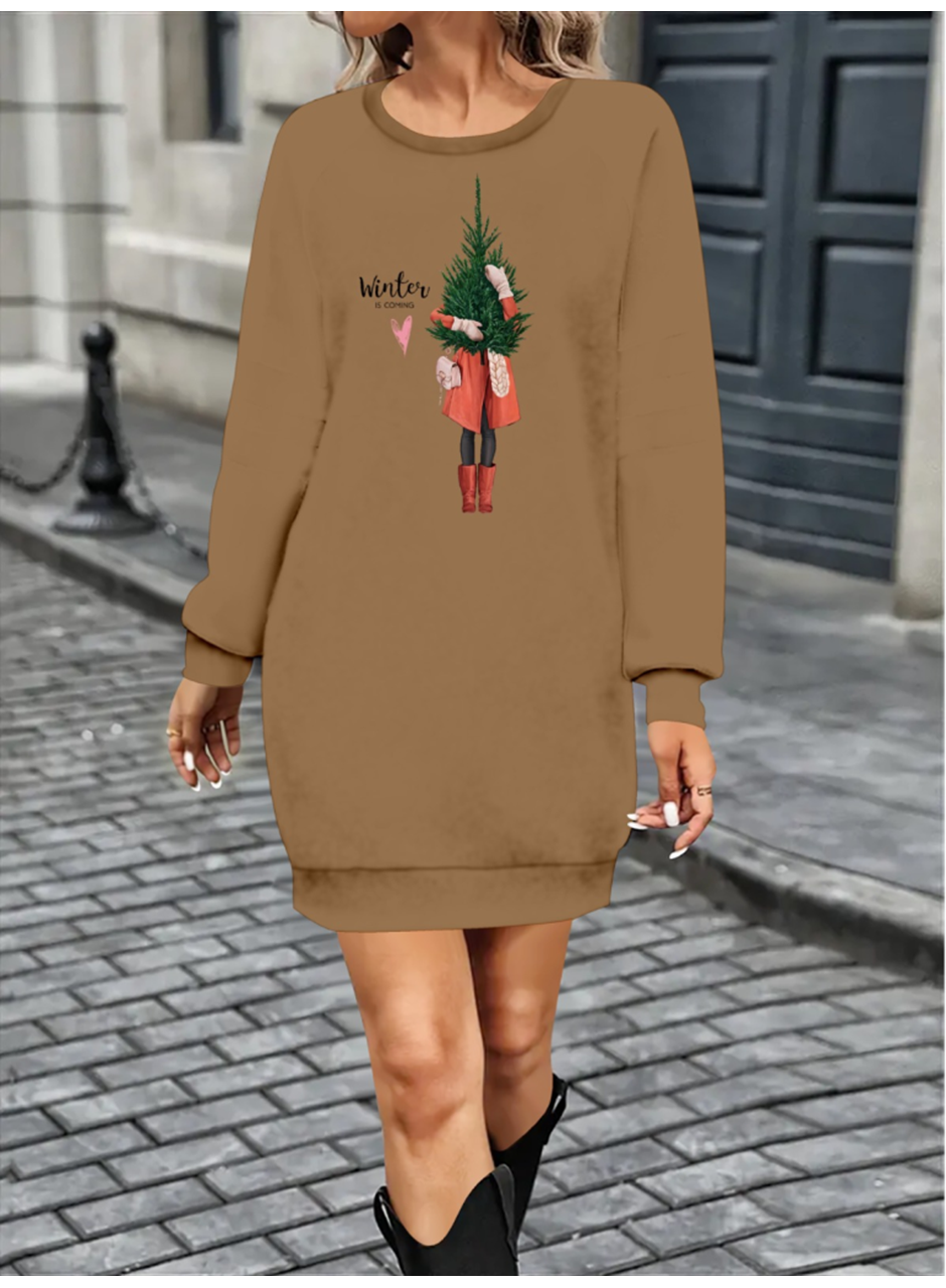 Kadın Uzun Kollu Bisiklet Yaka Desenli Kısa Viskon Iki Iplik Elbise