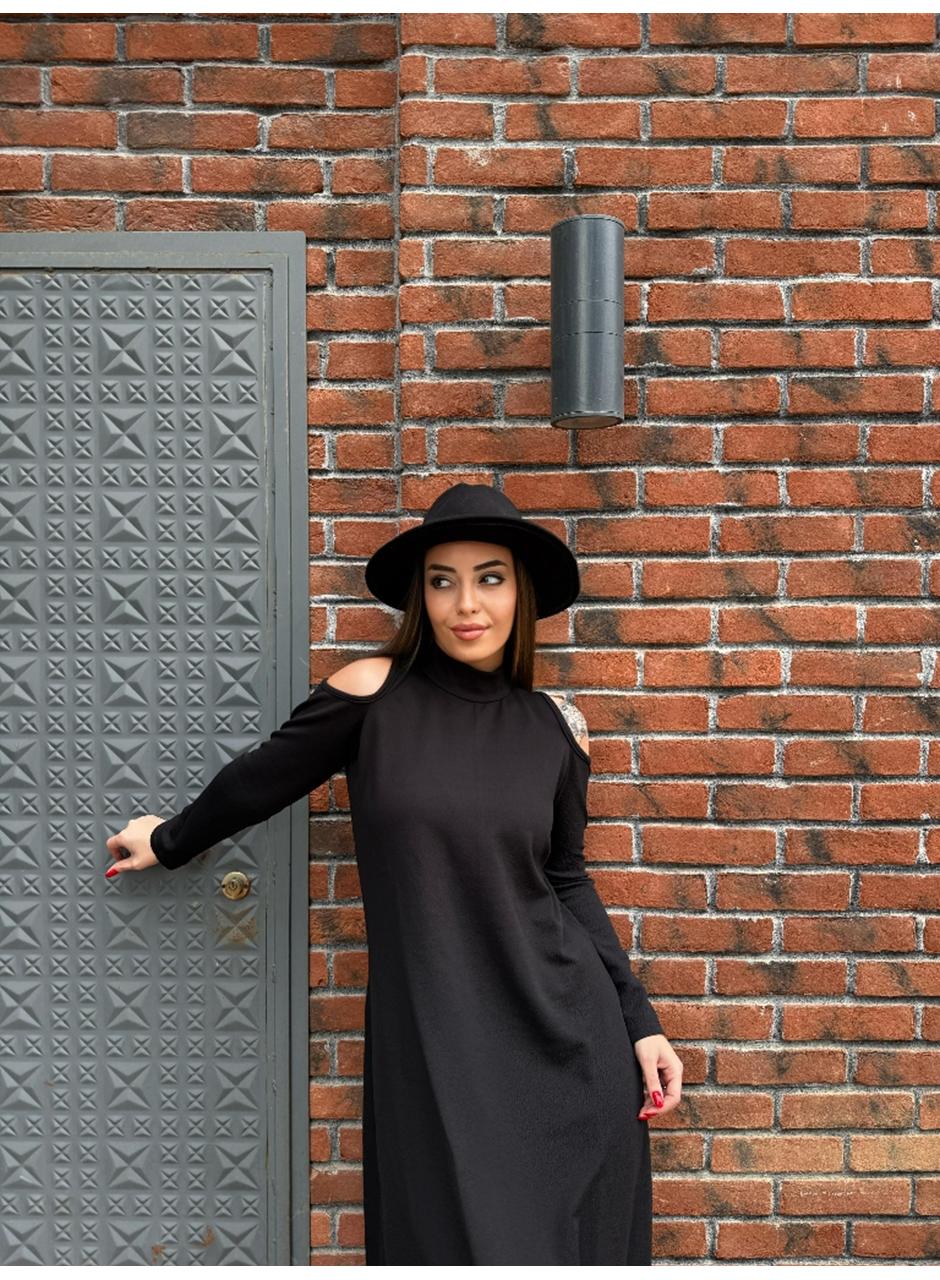 Kadın Balıkçı Yaka Omuzlardan Açık Uzun Kollu Janjan Krep Elbise