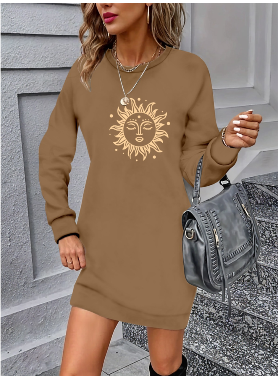 Kadın Uzun Kollu Bisiklet Yaka Güneş Desenli Viskon Iki Iplik Elbise