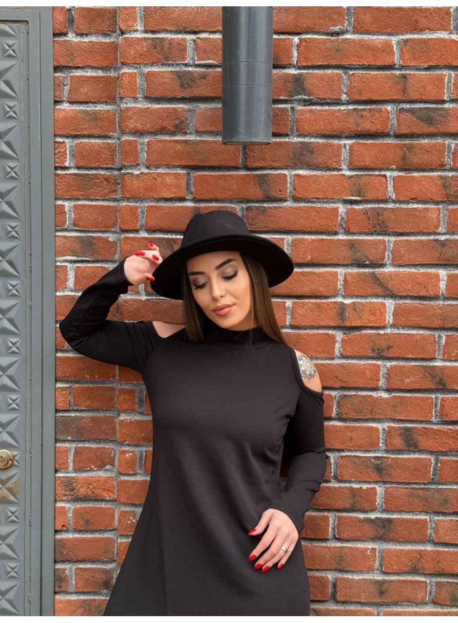 Kadın Balıkçı Yaka Omuzlardan Açık Uzun Kollu Janjan Krep Elbise