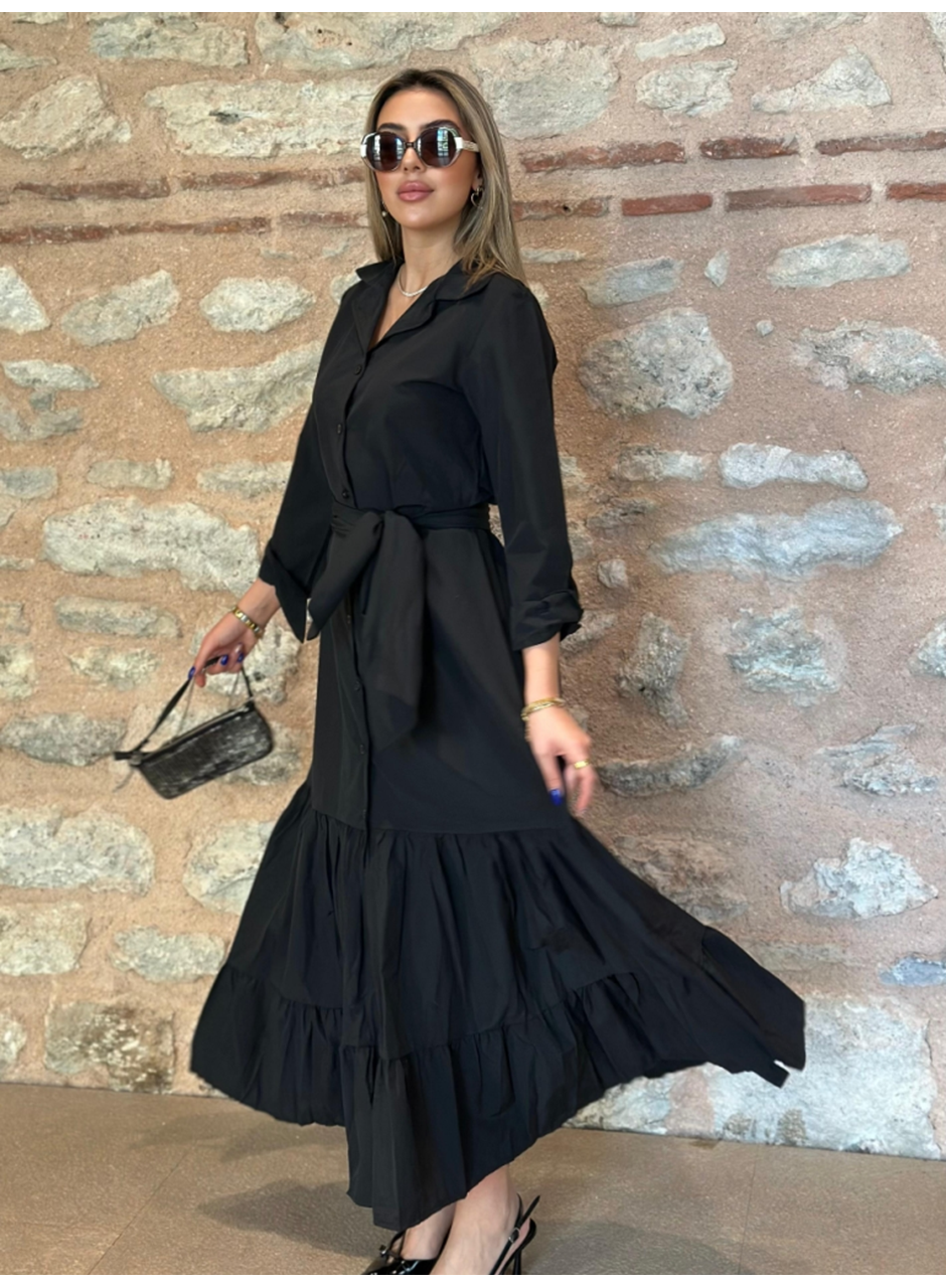 Kadın Uzun Kollu Eteği Fırfırlı Beli Kuşaklı Trikoton Tam Boy Gömlek Elbise