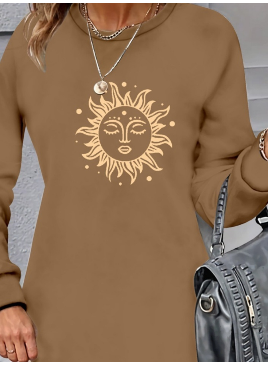 Kadın Uzun Kollu Bisiklet Yaka Güneş Desenli Viskon Iki Iplik Elbise