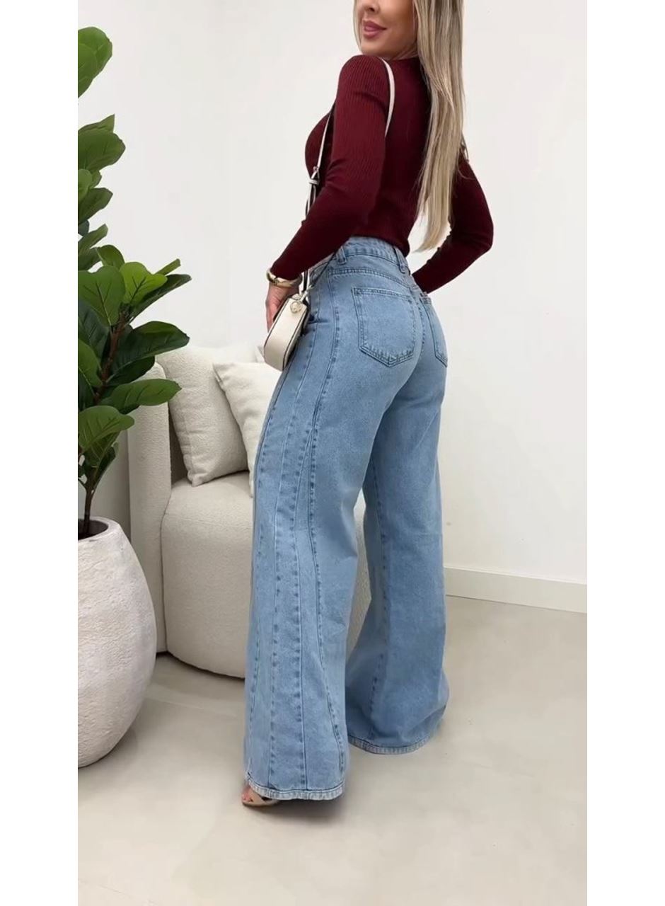 Kadın Yüksek Bel Paçaya Doğru Geniş Kesimli Kot Pantolon