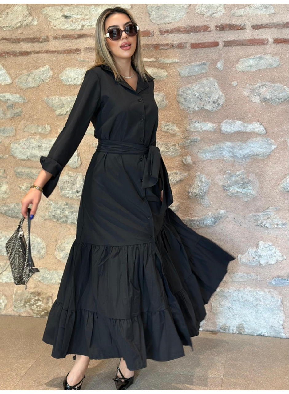 Kadın Uzun Kollu Eteği Fırfırlı Beli Kuşaklı Trikoton Tam Boy Gömlek Elbise