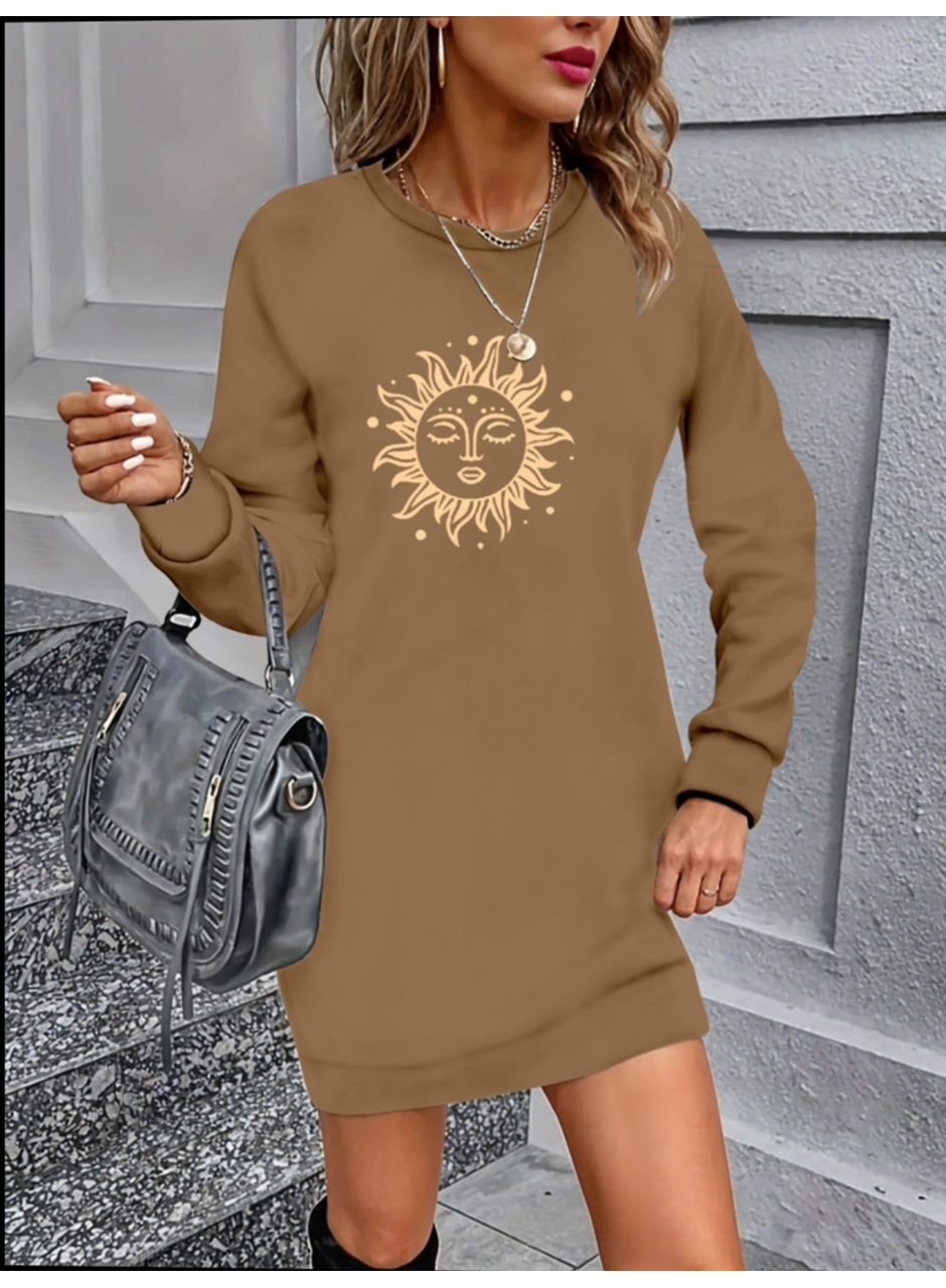 Kadın Uzun Kollu Bisiklet Yaka Güneş Desenli Viskon Iki Iplik Elbise