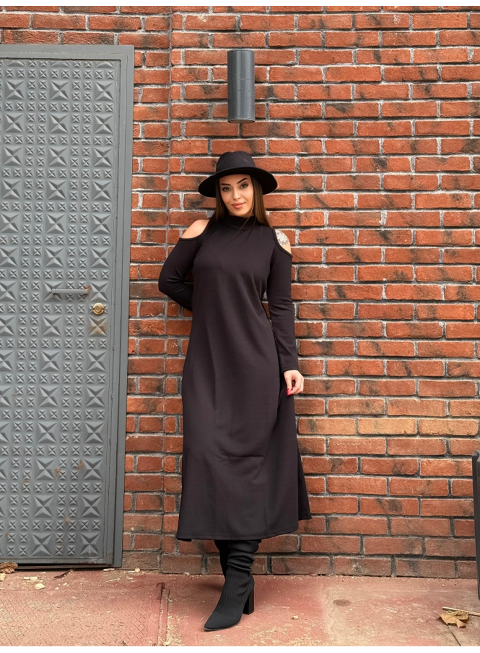 Kadın Balıkçı Yaka Omuzlardan Açık Uzun Kollu Janjan Krep Elbise