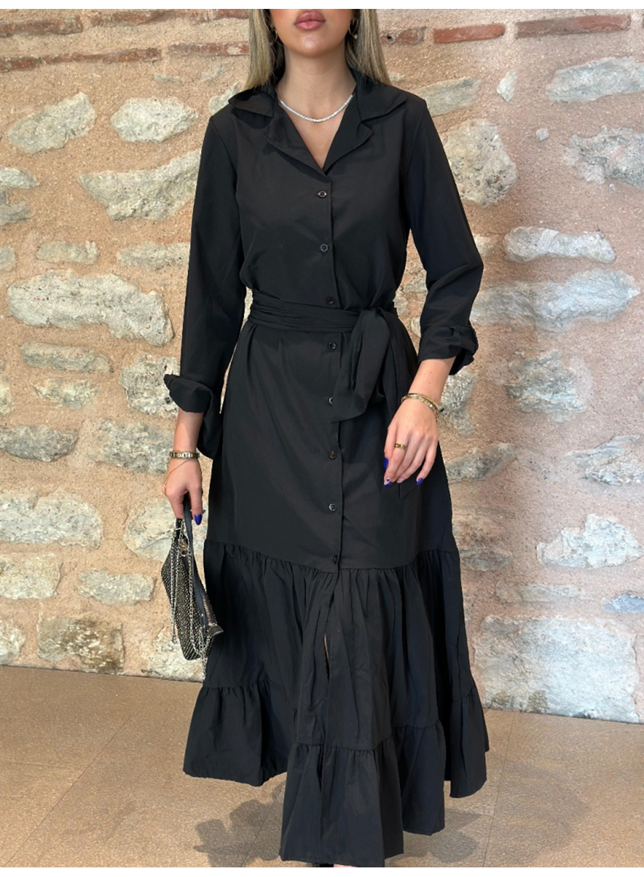 Kadın Uzun Kollu Eteği Fırfırlı Beli Kuşaklı Trikoton Tam Boy Gömlek Elbise