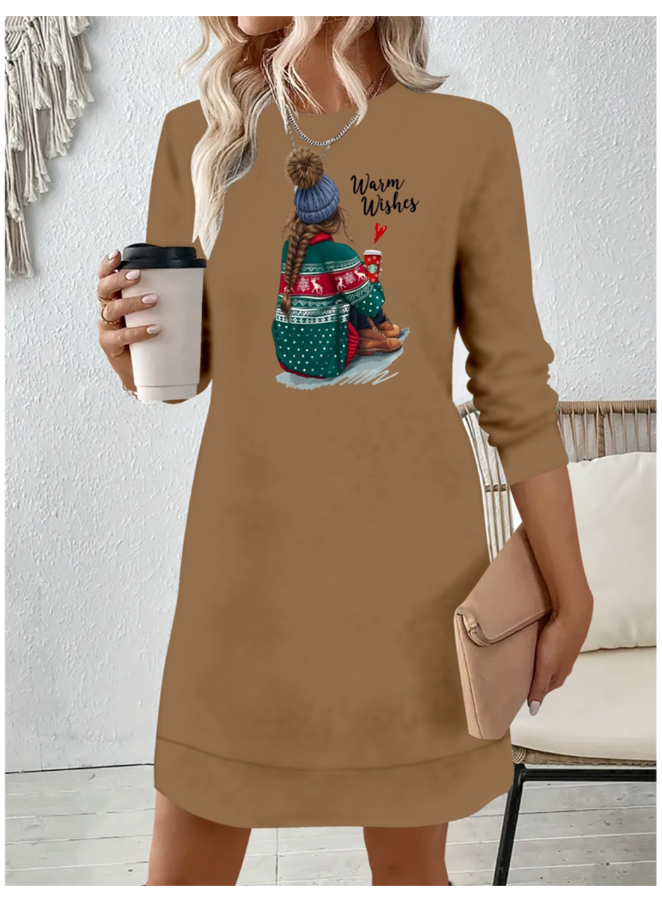 Kadın Uzun Kollu Bisiklet Yaka Desenli Viskon Iki Iplik Elbise