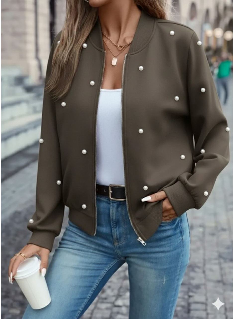Kadın Uzun Kollu önden Fermuarlı Incili Kısa Modal Ceket