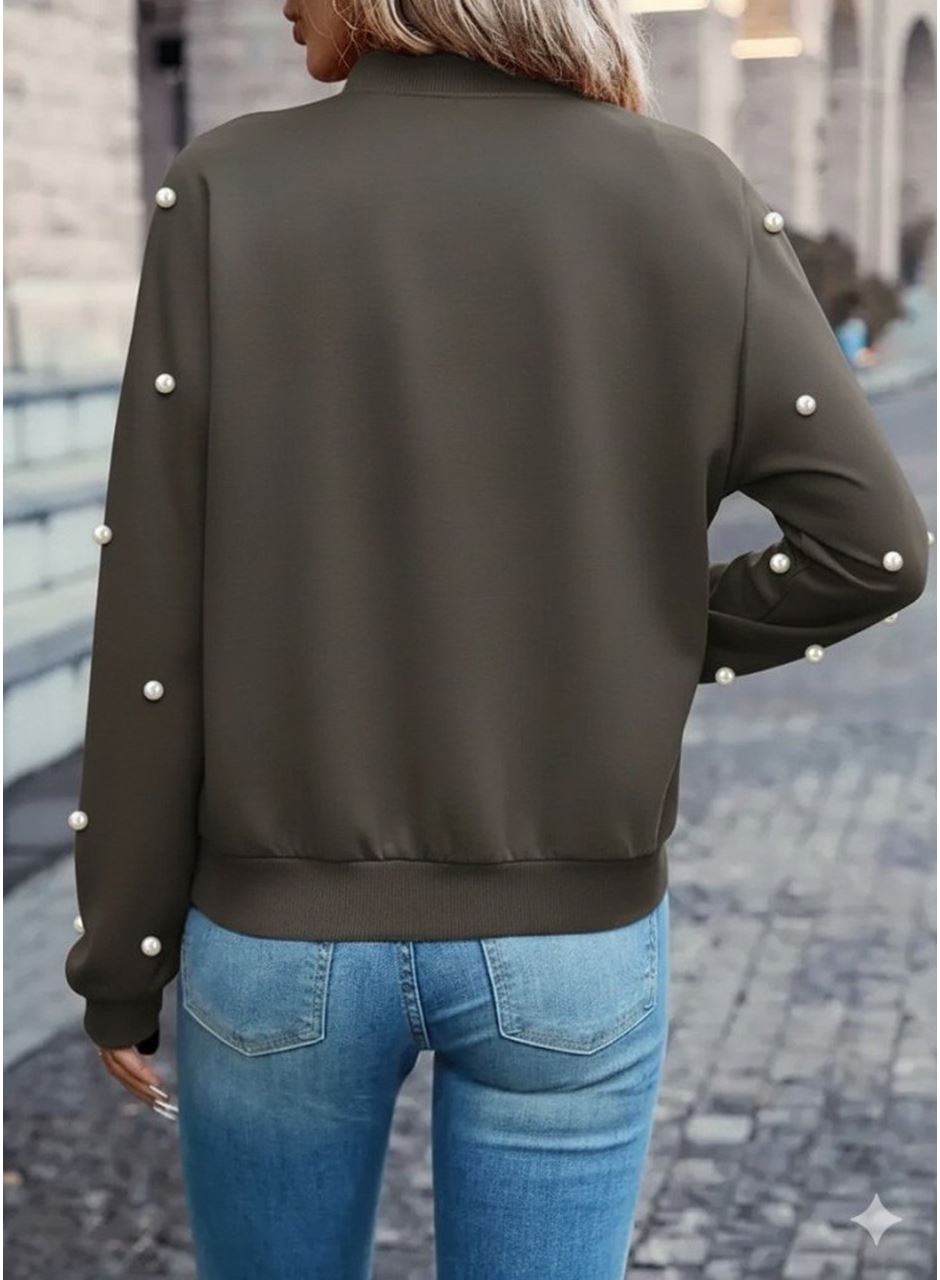Kadın Uzun Kollu önden Fermuarlı Incili Kısa Modal Ceket