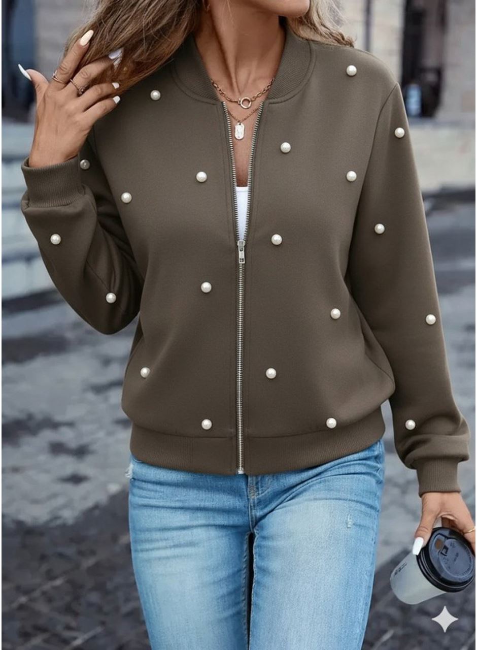 Kadın Uzun Kollu önden Fermuarlı Incili Kısa Modal Ceket