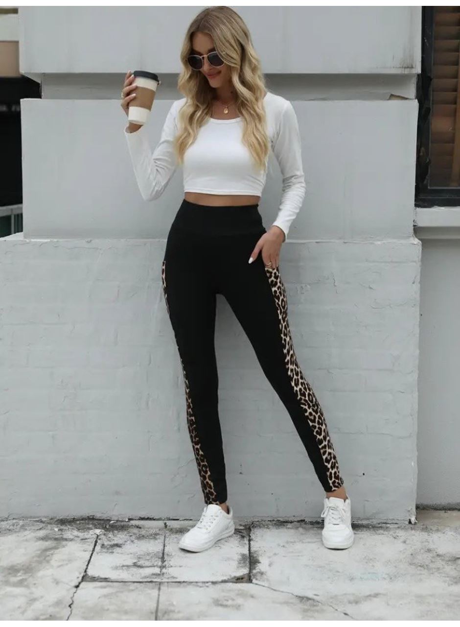 Kadın Yüksek Bel Leopar Desen Ve Cep Detaylı Dalgıç Tayt