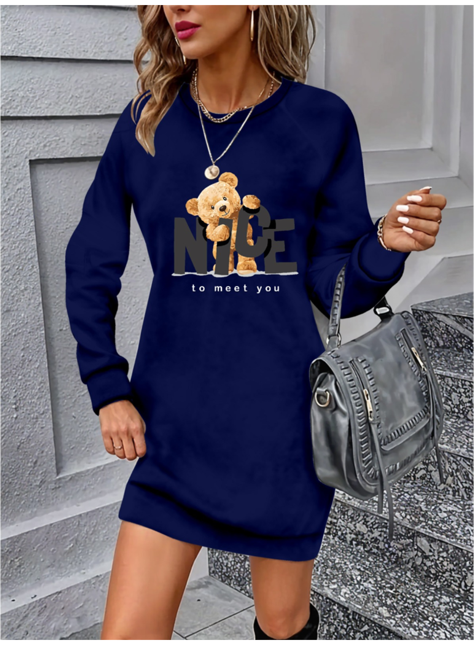 Kadın Uzun Kollu Bisiklet Yaka Ayı Desenli Viskon Iki Iplik Elbise