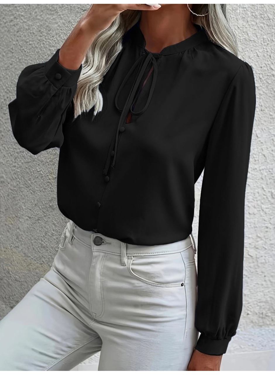 Kadın Uzun Kollu Yakalı Yakadan Bağcıklı Düğmeli Sandy Bluz