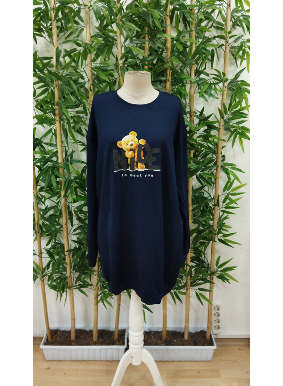 Kadın Uzun Kollu Bisiklet Yaka Ayı Desenli Viskon Iki Iplik Elbise