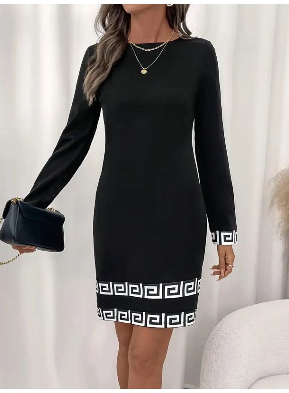 Kadın Uzun Kollu Bisiklet Yaka Mini Ithal Krep Elbise