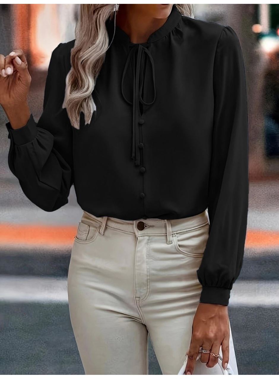 Kadın Uzun Kollu Yakalı Yakadan Bağcıklı Düğmeli Sandy Bluz