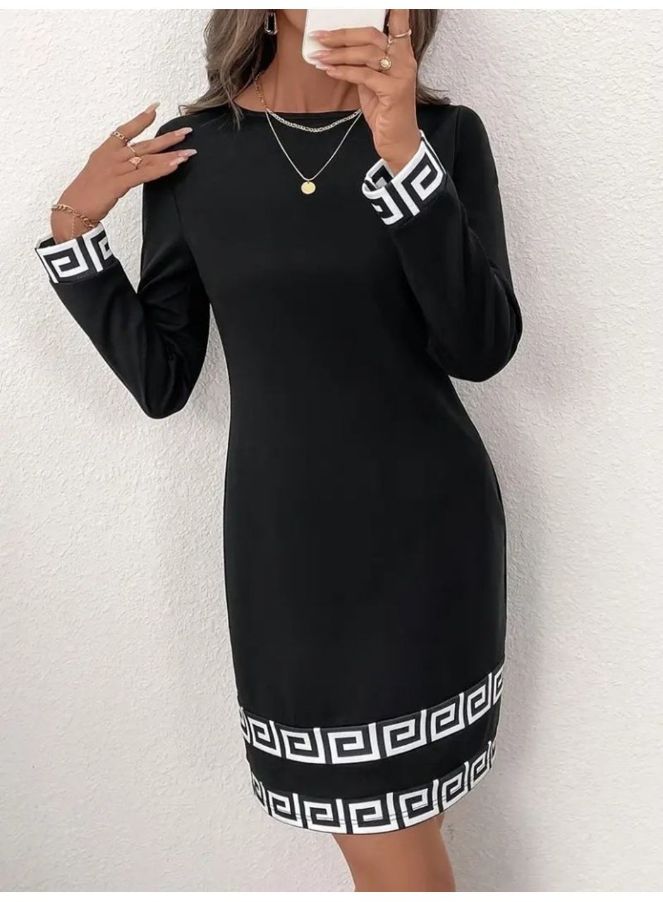 Kadın Uzun Kollu Bisiklet Yaka Mini Ithal Krep Elbise