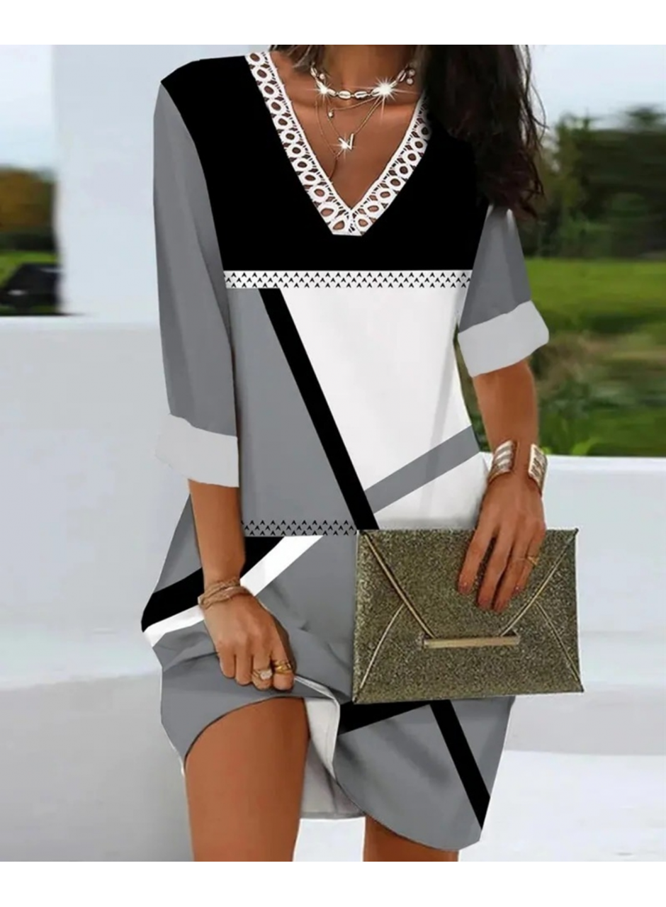 Kadın Fakir Kollu V Dantel Yaka Geometrik Desenli Dalgıç Elbise