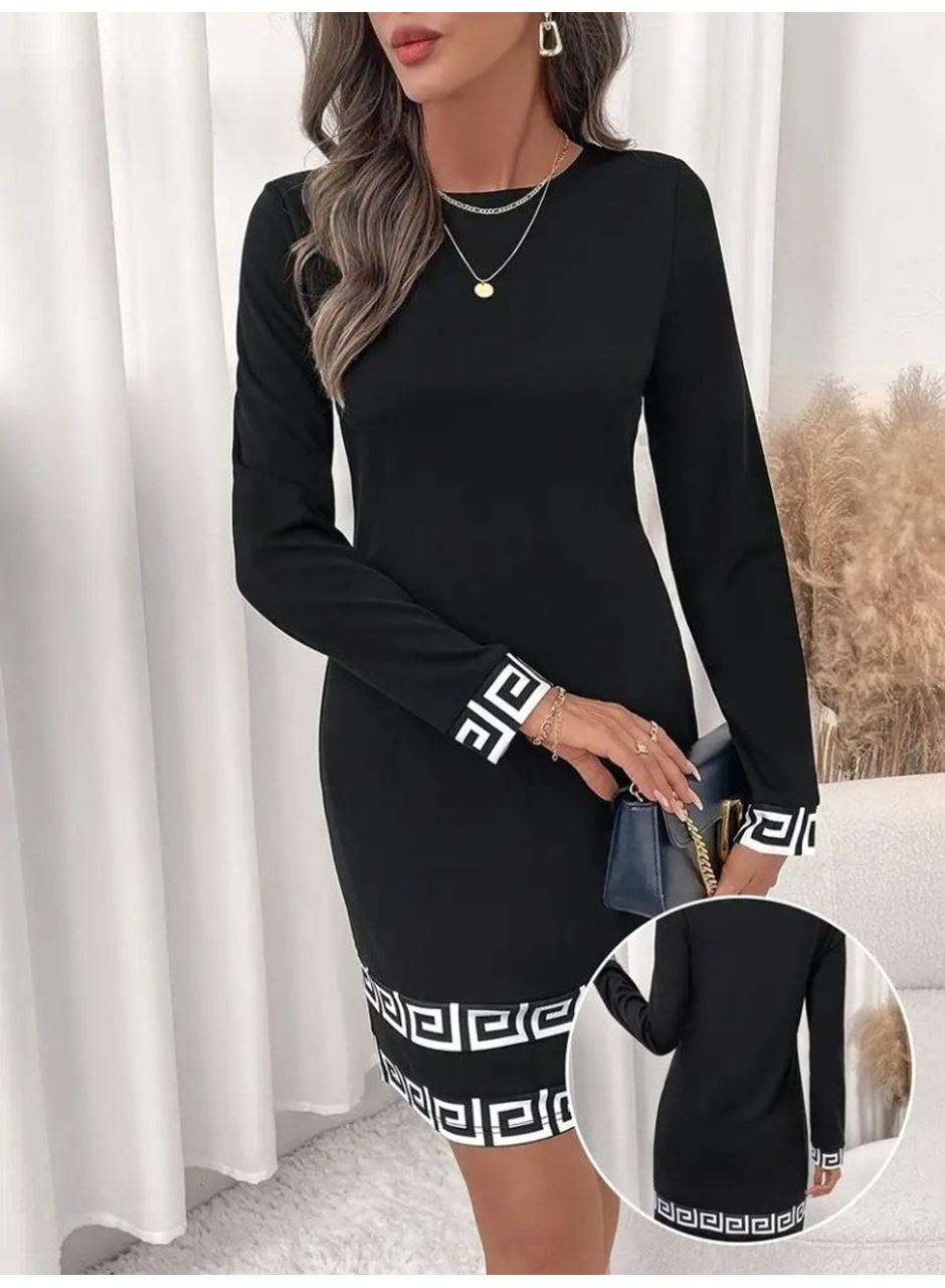 Kadın Uzun Kollu Bisiklet Yaka Mini Ithal Krep Elbise