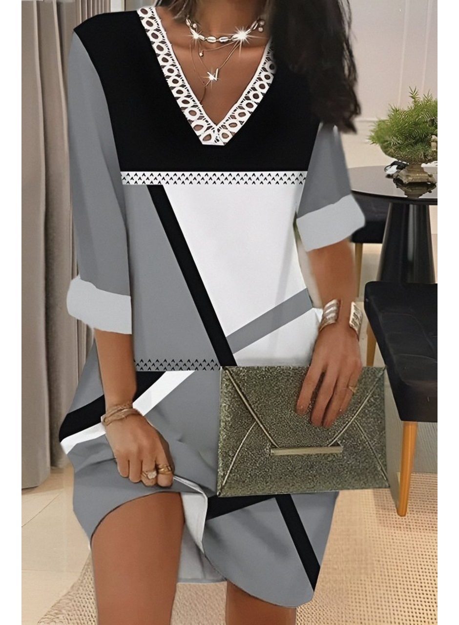 Kadın Fakir Kollu V Dantel Yaka Geometrik Desenli Dalgıç Elbise
